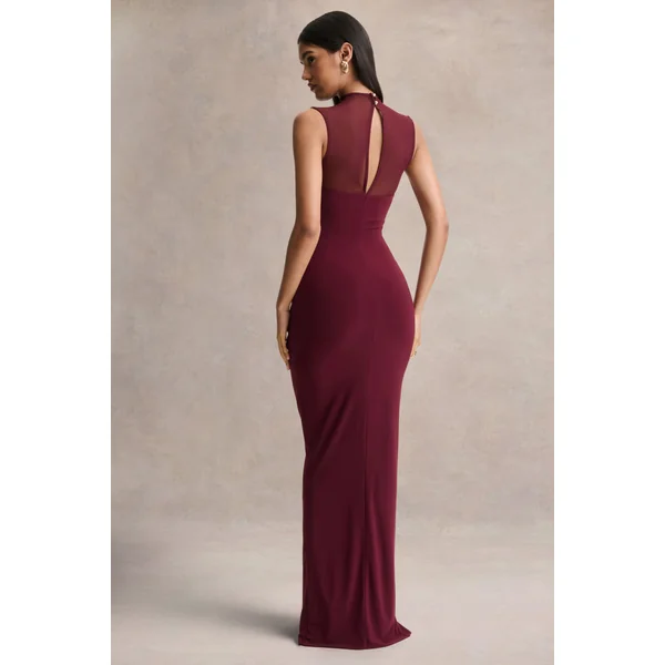 Brialle | Robe longue bordeaux à col montant avec mesh et détails froncés