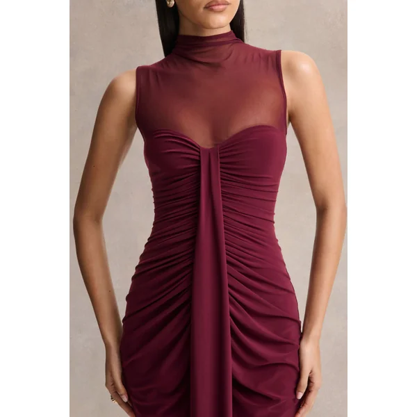 Brialle | Robe longue bordeaux à col montant avec mesh et détails froncés
