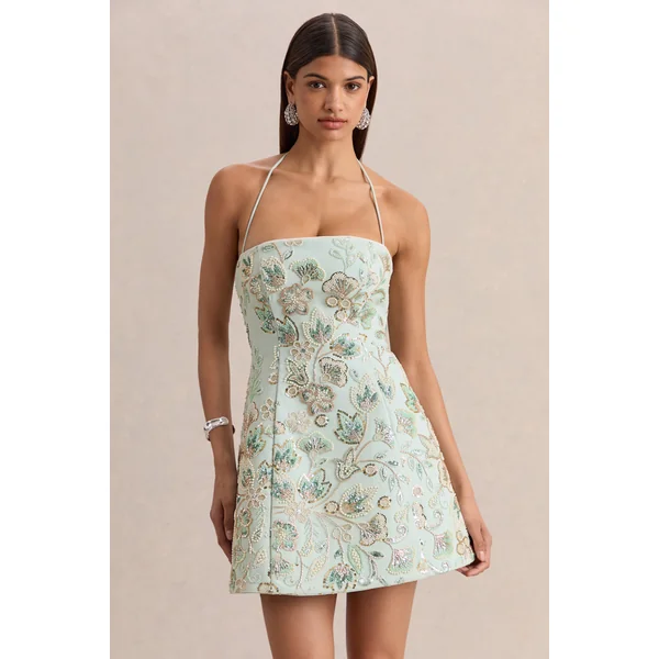Brianna | Mini-robe menthe à fleurs ornées à encolure carrée