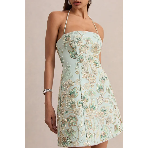Brianna | Mini-robe menthe à fleurs ornées à encolure carrée