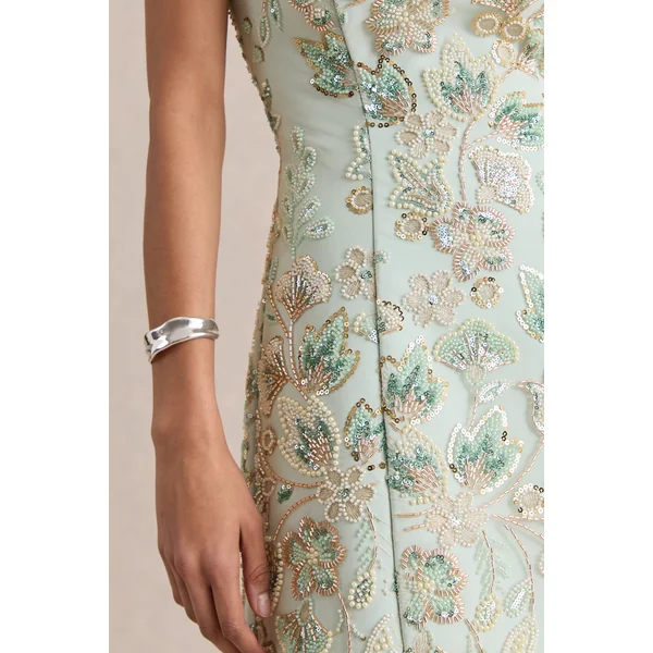 Brianna | Mini-robe menthe à fleurs ornées à encolure carrée
