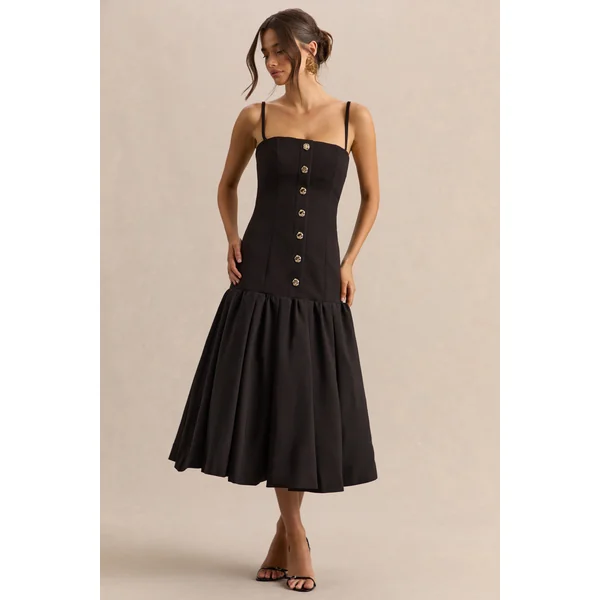 Briella | Robe mi-longue noire à encolure bandeau avec détails de boutons dorés
