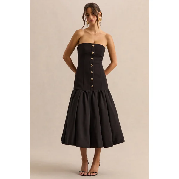 Briella | Robe mi-longue noire à encolure bandeau avec détails de boutons dorés