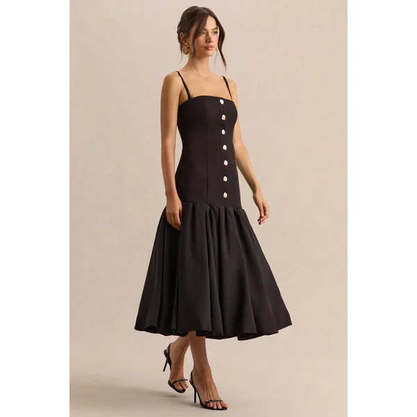 Briella | Robe mi-longue noire à encolure bandeau avec détails de boutons dorés