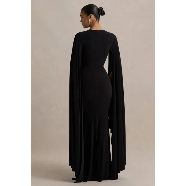 Briony | Robe longue noire à col ras du cou avec manches cape