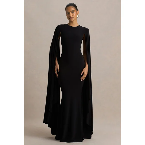 Briony | Robe longue noire à col ras du cou avec manches cape