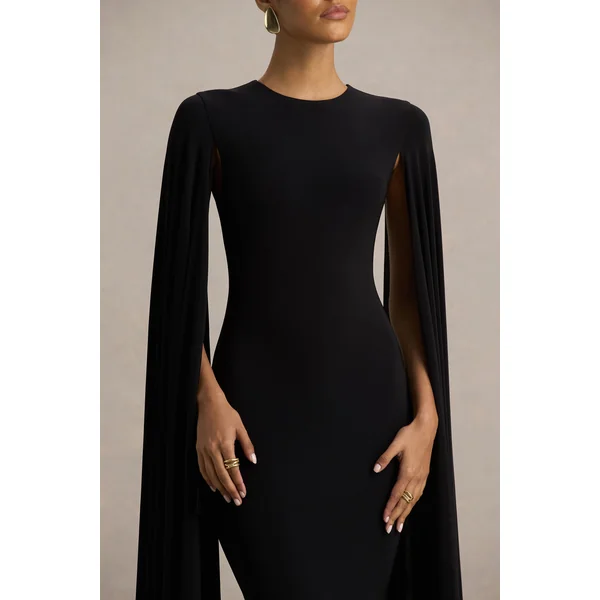 Briony | Robe longue noire à col ras du cou avec manches cape