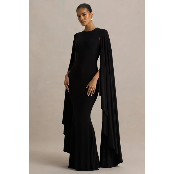 Briony | Robe longue noire à col ras du cou avec manches cape