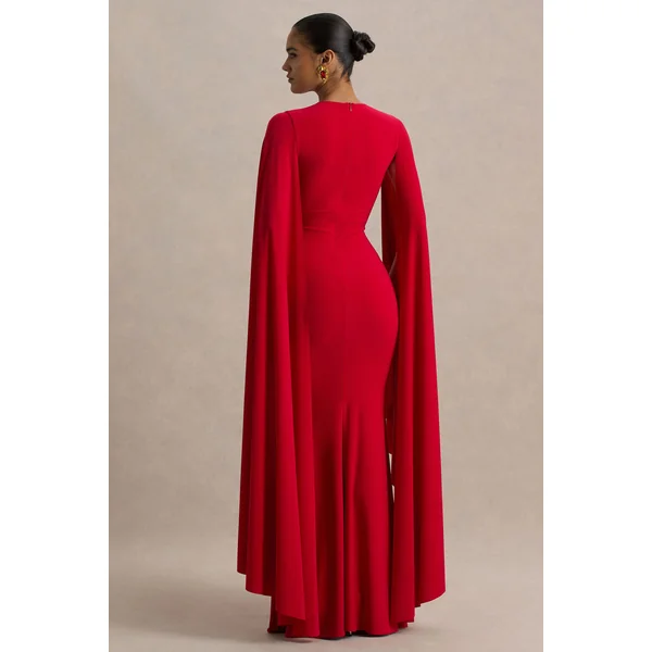 Briony | Robe longue rouge à col ras du cou avec manches cape