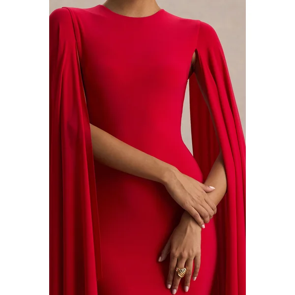 Briony | Robe longue rouge à col ras du cou avec manches cape