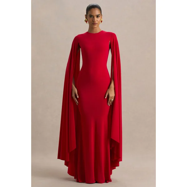 Briony | Robe longue rouge à col ras du cou avec manches cape