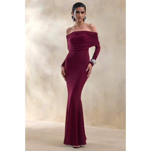 Brisea | Robe longue bordeaux à encolure bardot