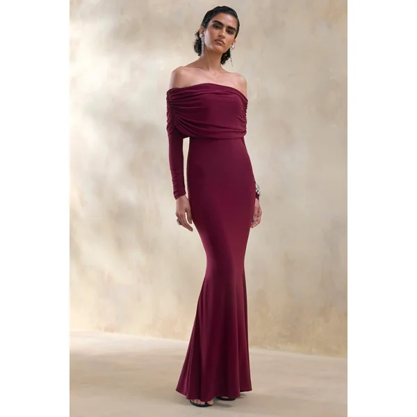 Brisea | Robe longue bordeaux à encolure bardot