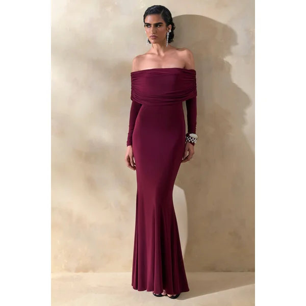 Brisea | Robe longue bordeaux à encolure bardot