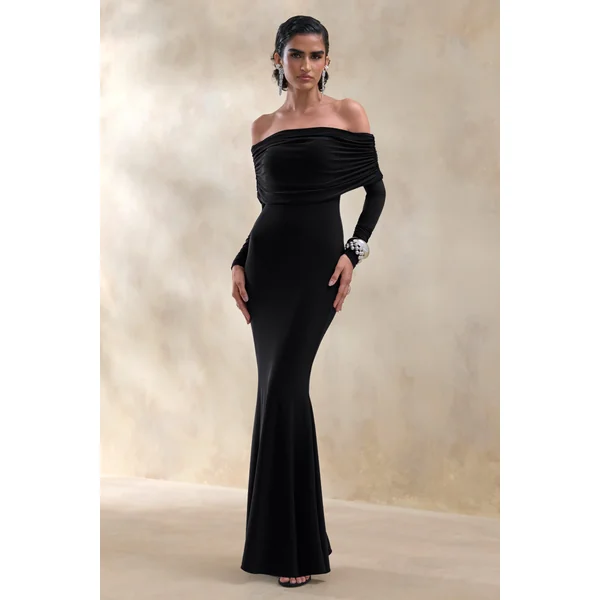 Brisea | Robe longue noire à encolure bardot