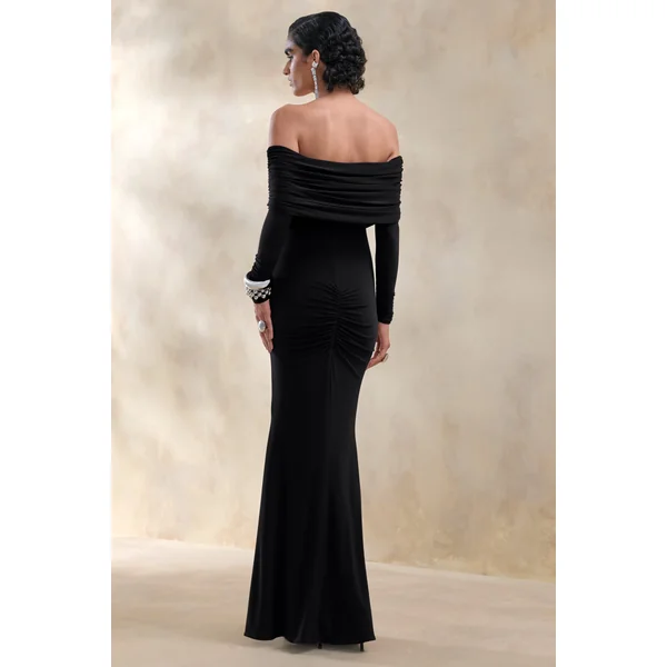 Brisea | Robe longue noire à encolure bardot
