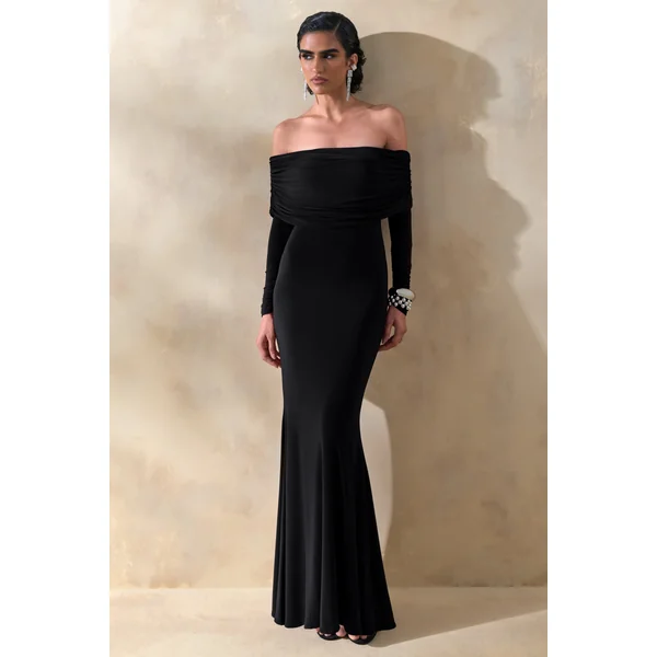 Brisea | Robe longue noire à encolure bardot