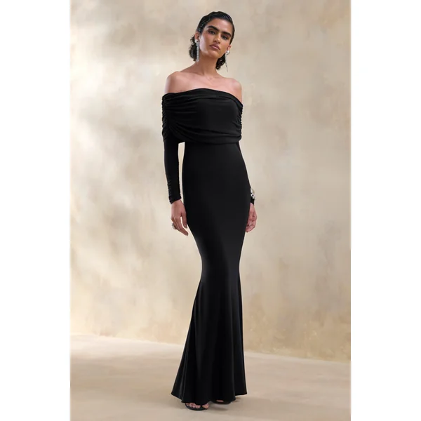 Brisea | Robe longue noire à encolure bardot