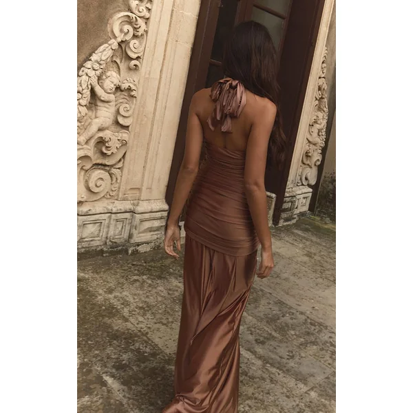 Bronze Robe Longue Plt Label Métallisée Avec Détail Buste Stretch