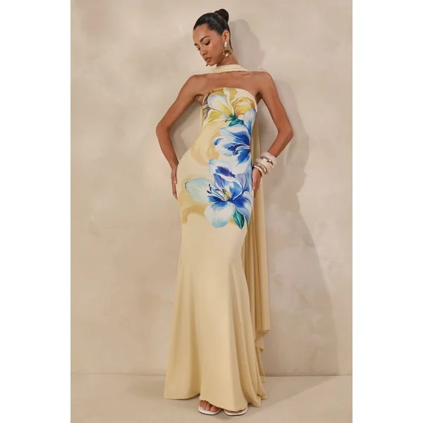 Brooke | Robe longue citron à imprimé floral bleu et encolure bandeau avec écharpe
