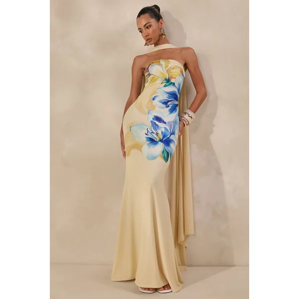 Brooke | Robe longue citron à imprimé floral bleu et encolure bandeau avec écharpe