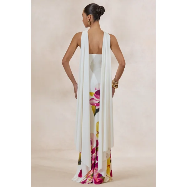Brooke | Robe longue à imprimé floral rose fuchsia et citron à encolure bandeau avec écharpe
