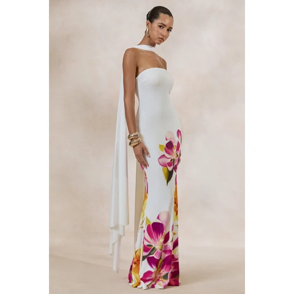 Brooke | Robe longue à imprimé floral rose fuchsia et citron à encolure bandeau avec écharpe