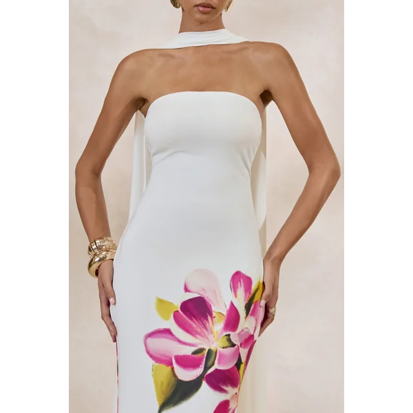 Brooke | Robe longue à imprimé floral rose fuchsia et citron à encolure bandeau avec écharpe