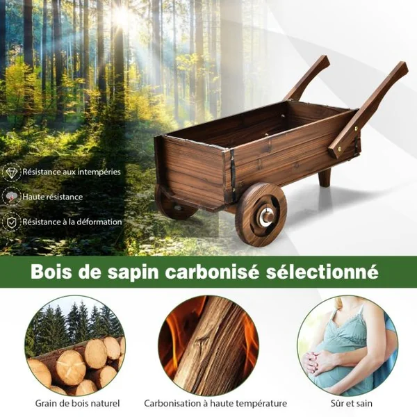 Brouette en Bois Décorative avec 2 Roues Poignées Trou de Drainage Support de Pot de Fleurs Style Rustique Jardin Balcon