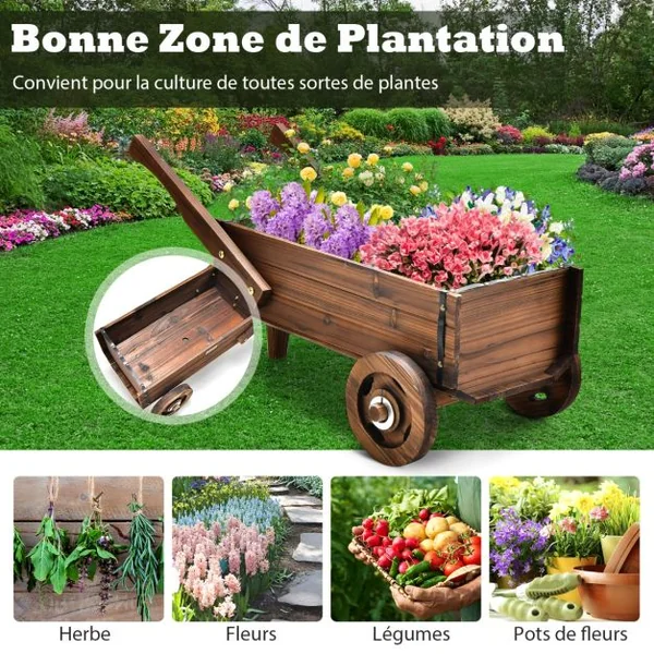 Brouette en Bois Décorative avec 2 Roues Poignées Trou de Drainage Support de Pot de Fleurs Style Rustique Jardin Balcon
