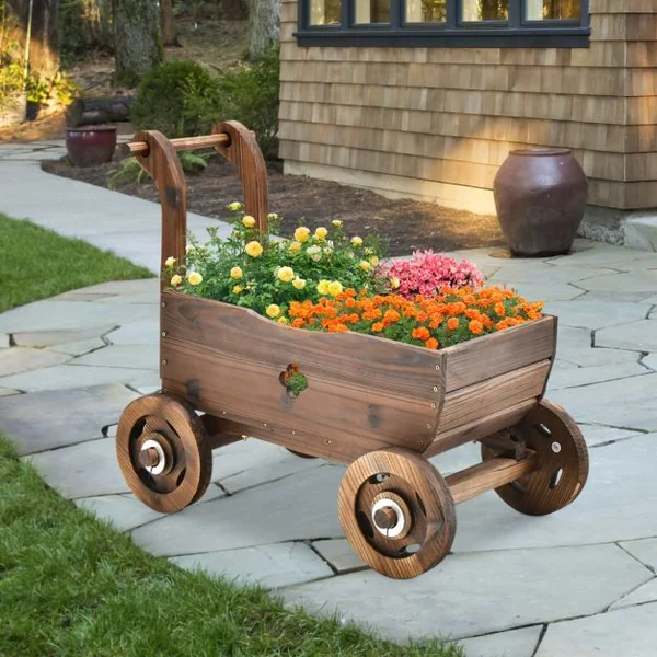 Brouette en Bois Décorative avec Roues Poignées Trou de Drainage Support de Pot de Fleurs Roulant Rustique Jardin Balcon Marron