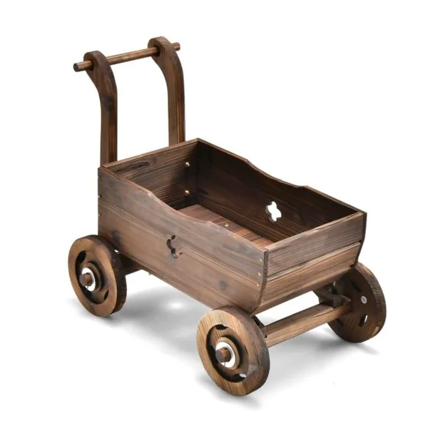 Brouette en Bois Décorative avec Roues Poignées Trou de Drainage Support de Pot de Fleurs Roulant Rustique Jardin Balcon Marron