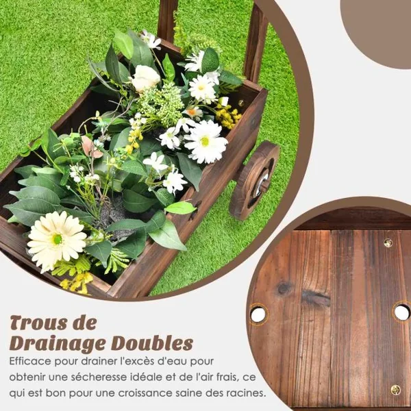 Brouette en Bois Décorative avec Roues Poignées Trou de Drainage Support de Pot de Fleurs Roulant Rustique Jardin Balcon Marron