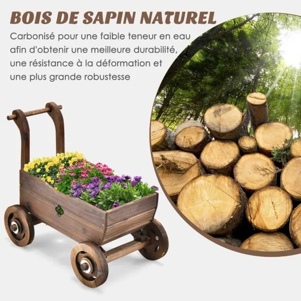 Brouette en Bois Décorative avec Roues Poignées Trou de Drainage Support de Pot de Fleurs Roulant Rustique Jardin Balcon Marron