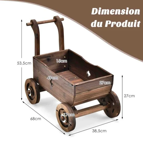 Brouette en Bois Décorative avec Roues Poignées Trou de Drainage Support de Pot de Fleurs Roulant Rustique Jardin Balcon Marron