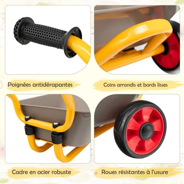 Brouette pour Enfants en Métal Bac à Sable Charge 20KG Outillage de Jardin pour 2 Ans + Brun et Jaune