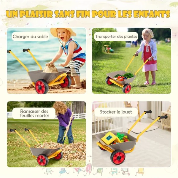 Brouette pour Enfants en Métal Bac à Sable Charge 20KG Outillage de Jardin pour 2 Ans + Brun et Jaune