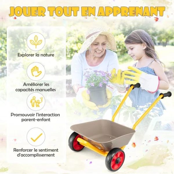 Brouette pour Enfants en Métal Bac à Sable Charge 20KG Outillage de Jardin pour 2 Ans + Brun et Jaune