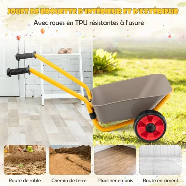 Brouette pour Enfants en Métal Bac à Sable Charge 20KG Outillage de Jardin pour 2 Ans + Brun et Jaune
