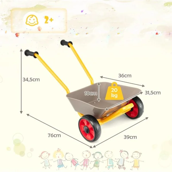 Brouette pour Enfants en Métal Bac à Sable Charge 20KG Outillage de Jardin pour 2 Ans + Brun et Jaune