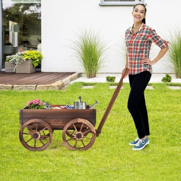 Brouette à Fleur en Bois Jardinière en Sapin à Roues Artistique Jardinière de Jardin avec Longue Poignée Réglable 120x43x53,5cm