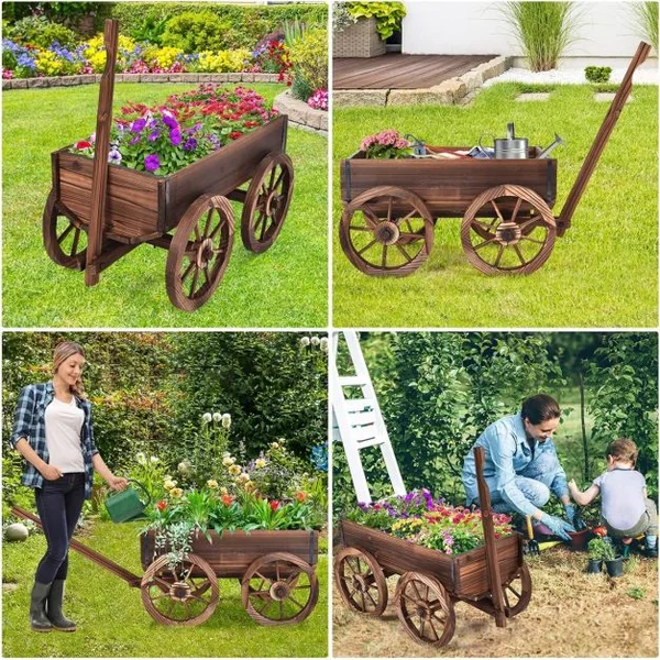 Brouette à Fleur en Bois Jardinière en Sapin à Roues Artistique Jardinière de Jardin avec Longue Poignée Réglable 120x43x53,5cm