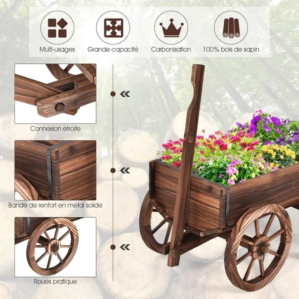 Brouette à Fleur en Bois Jardinière en Sapin à Roues Artistique Jardinière de Jardin avec Longue Poignée Réglable 120x43x53,5cm