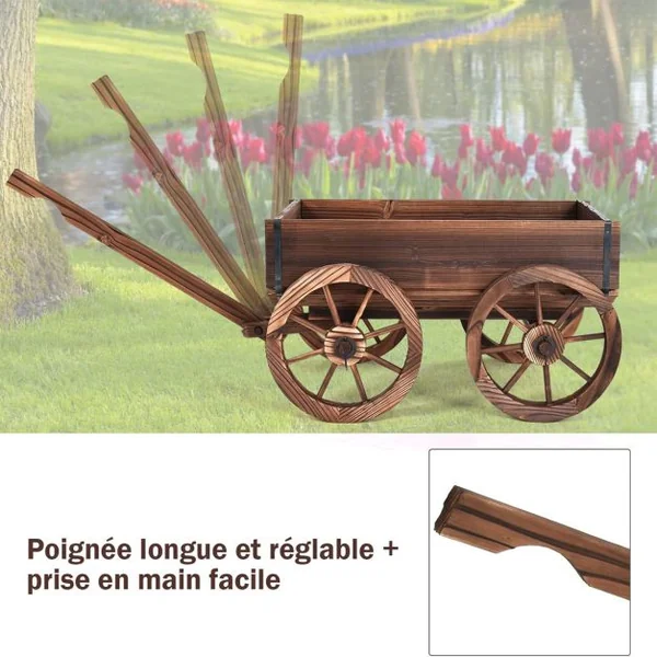 Brouette à Fleur en Bois Jardinière en Sapin à Roues Artistique Jardinière de Jardin avec Longue Poignée Réglable 120x43x53,5cm