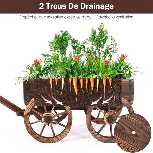Brouette à Fleur en Bois Jardinière en Sapin à Roues Artistique Jardinière de Jardin avec Longue Poignée Réglable 120x43x53,5cm