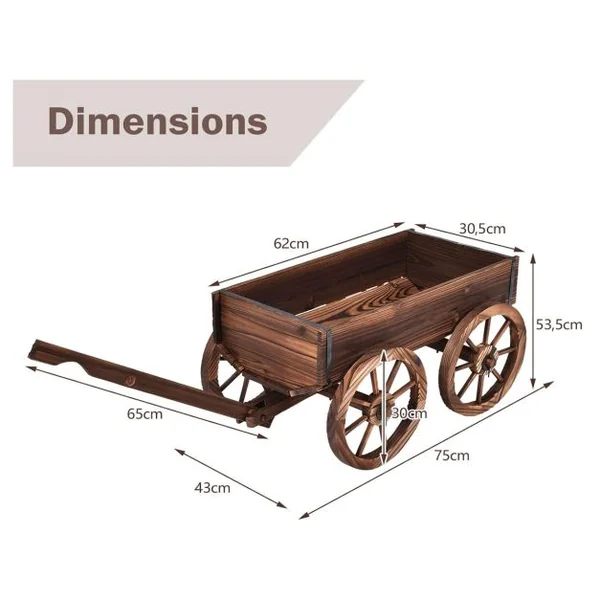 Brouette à Fleur en Bois Jardinière en Sapin à Roues Artistique Jardinière de Jardin avec Longue Poignée Réglable 120x43x53,5cm