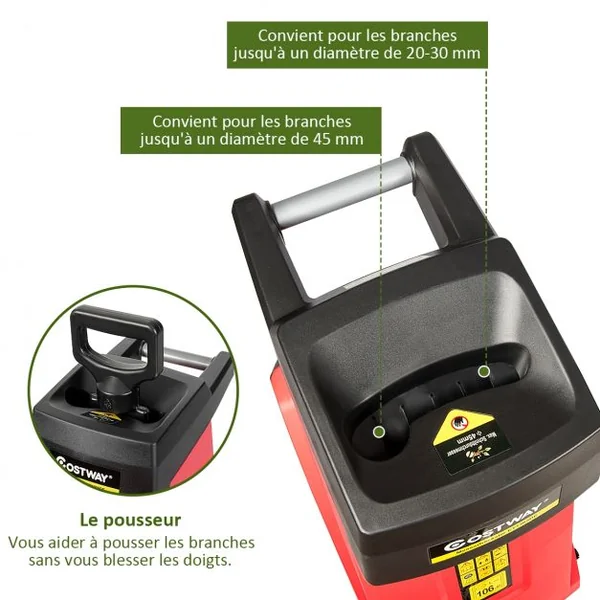 Broyeur Électrique 2400W pour Végétaux et Branches 45 mm max Bac de Ramassage 45L Accessoires 46x38x91cm Rouge