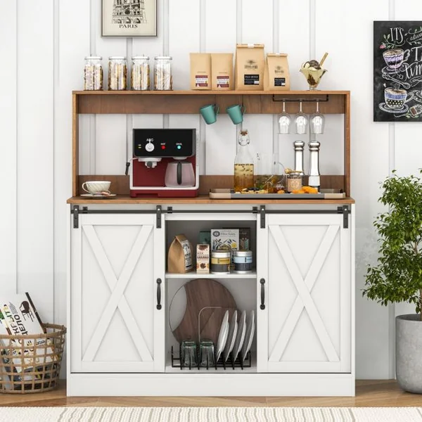 Buffet Bar à Vin Fermier avec Station de Recharge Meuble à Vin de 120cm avec Portes Coulissantes de Grange Porte-bouteilles Amovible Blanc