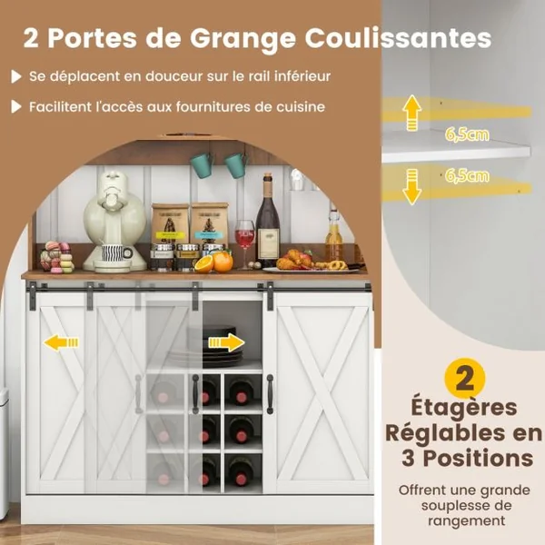 Buffet Bar à Vin Fermier avec Station de Recharge Meuble à Vin de 120cm avec Portes Coulissantes de Grange Porte-bouteilles Amovible Blanc