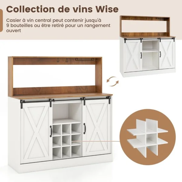 Buffet Bar à Vin Fermier avec Station de Recharge Meuble à Vin de 120cm avec Portes Coulissantes de Grange Porte-bouteilles Amovible Blanc